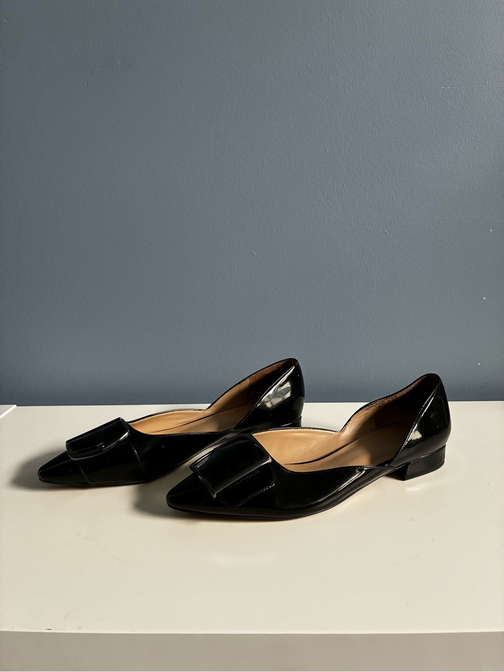 Franco Sarto Black Patent Pointed D'Orsay Flats with Buckle